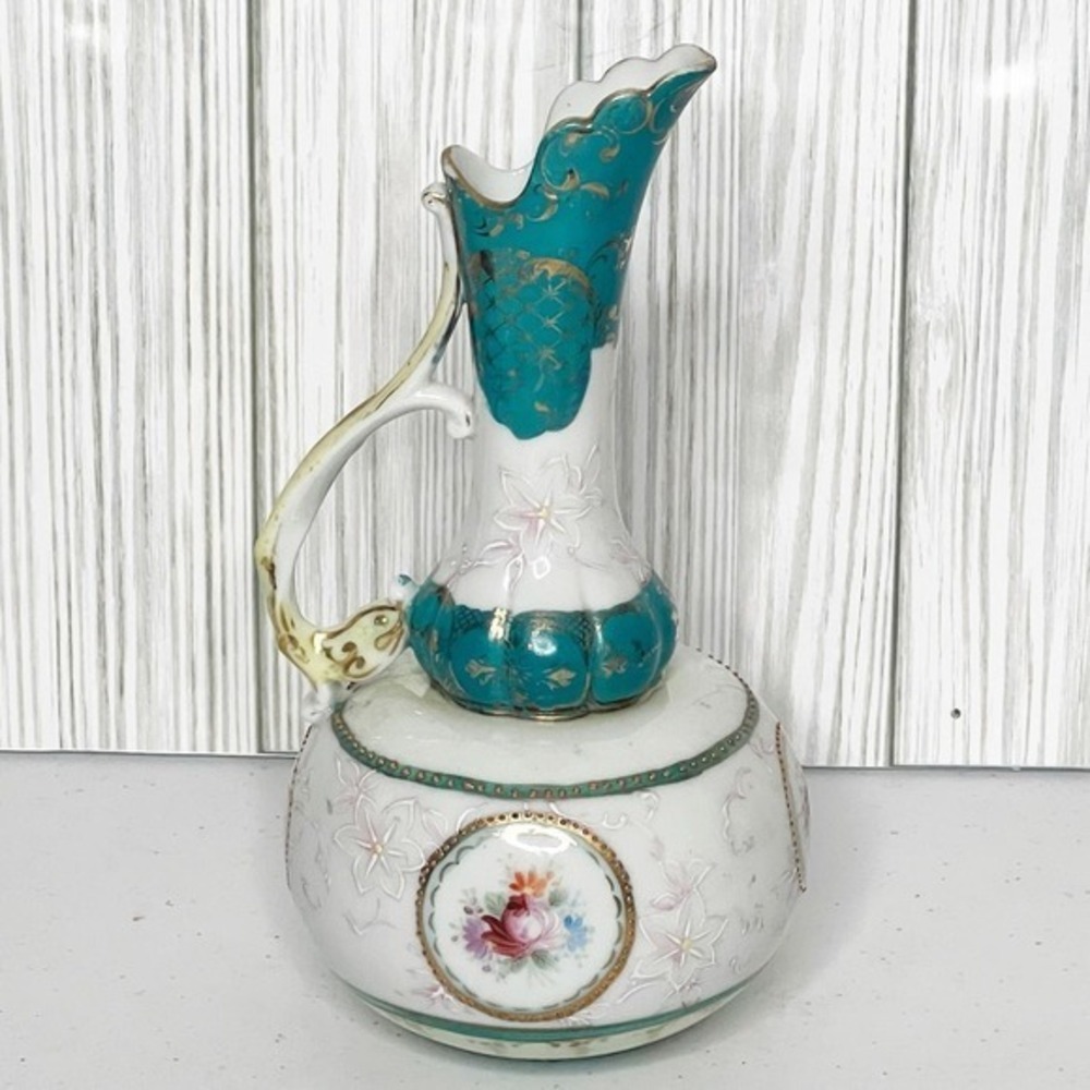Antique Porcelain Ewer Handpainted Floral Design Gold Gilding‎ & Beading